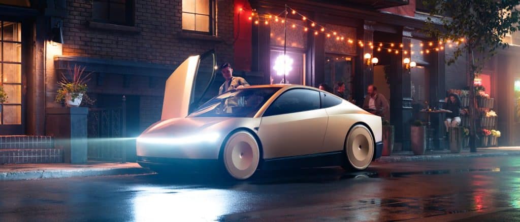 Tesla Cybercab de trois quarts avant, portes ouvertes