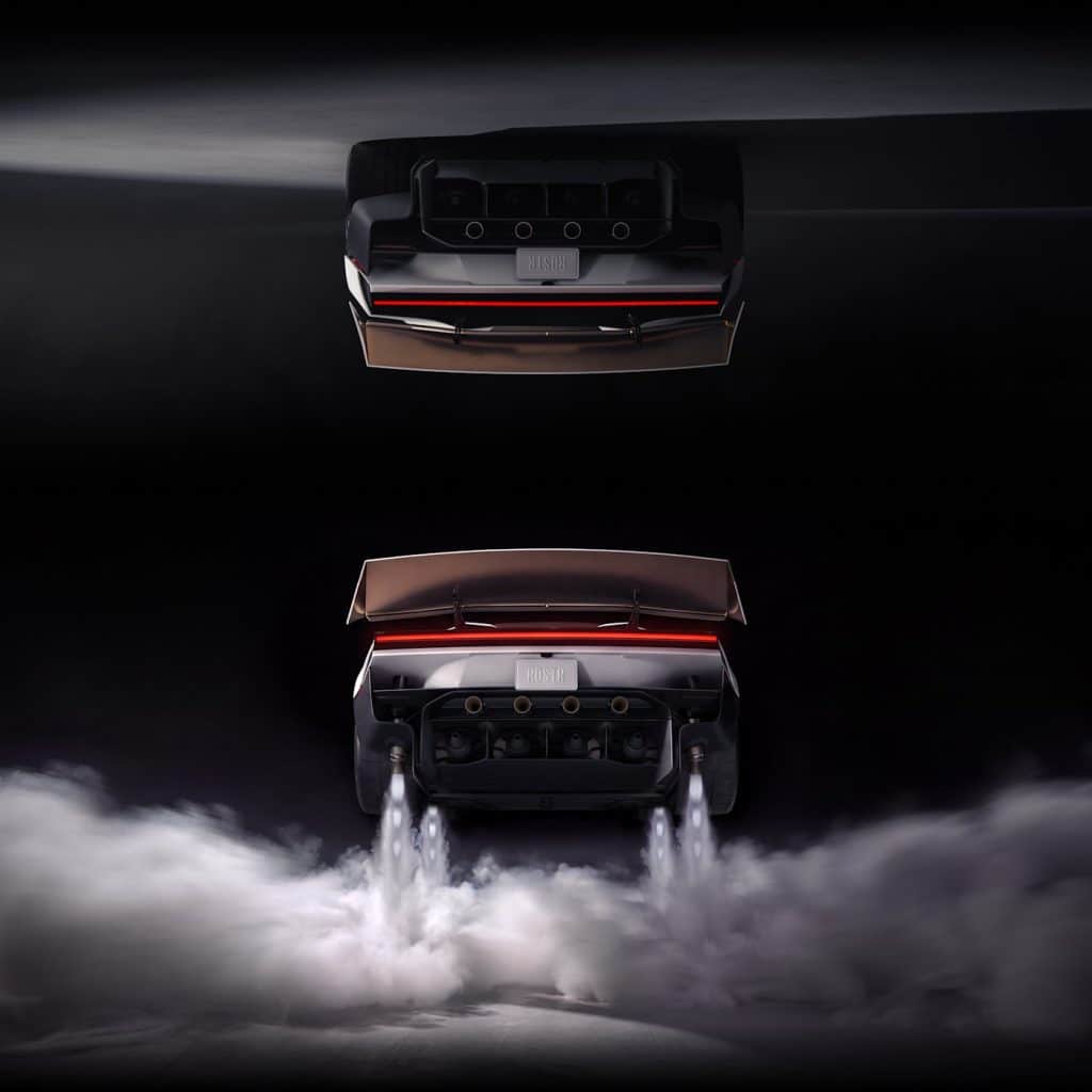 Visuel Tesla de l’arrière du Roadster, aileron relevé, avec des jets de gaz sous la voiture